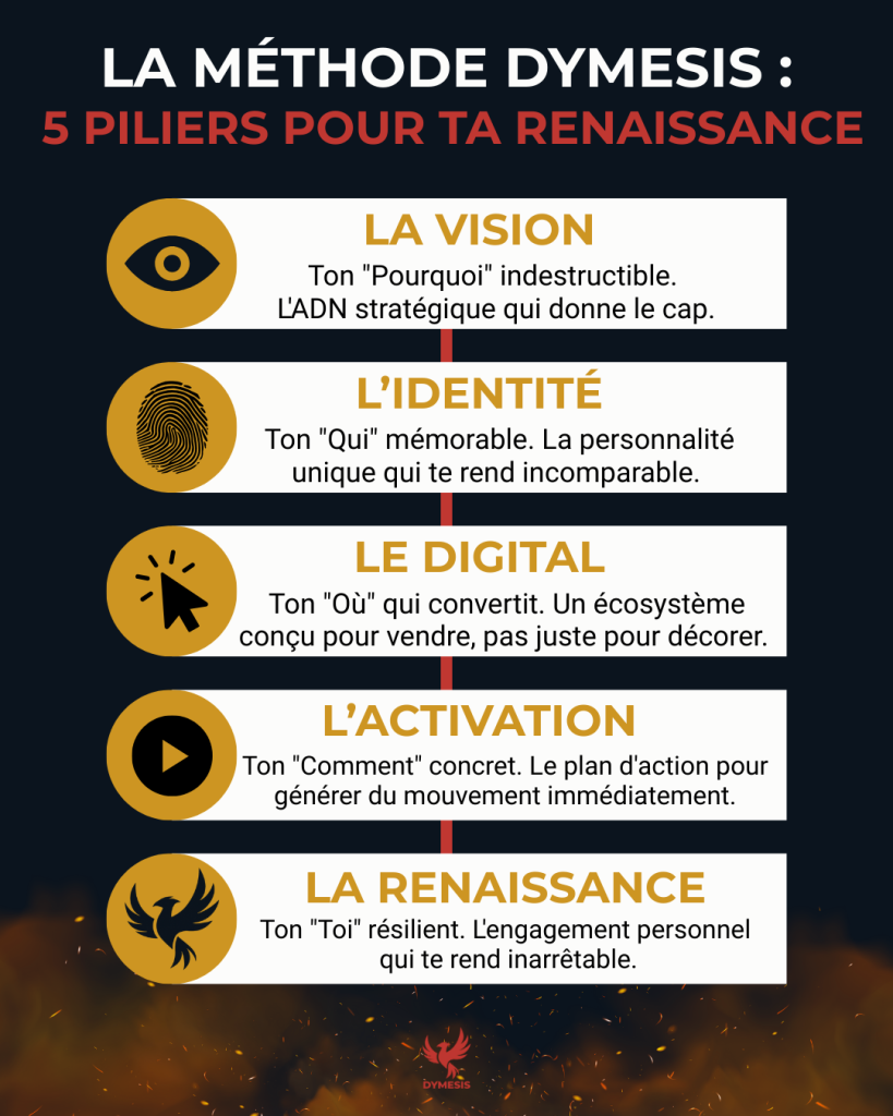 Infographie verticale de la Méthode DYMESIS de structure marketing présentant les 5 piliers de la renaissance d'une marque : Vision, Identité, Digital, Activation et Renaissance. Design élégant noir, or et rouge.