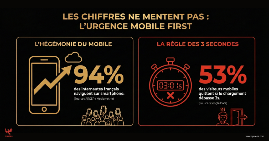 Infographie statistiques Mobile First : 94% des internautes français sur smartphone et 53% d'abandon si le site charge en plus de 3 secondes.