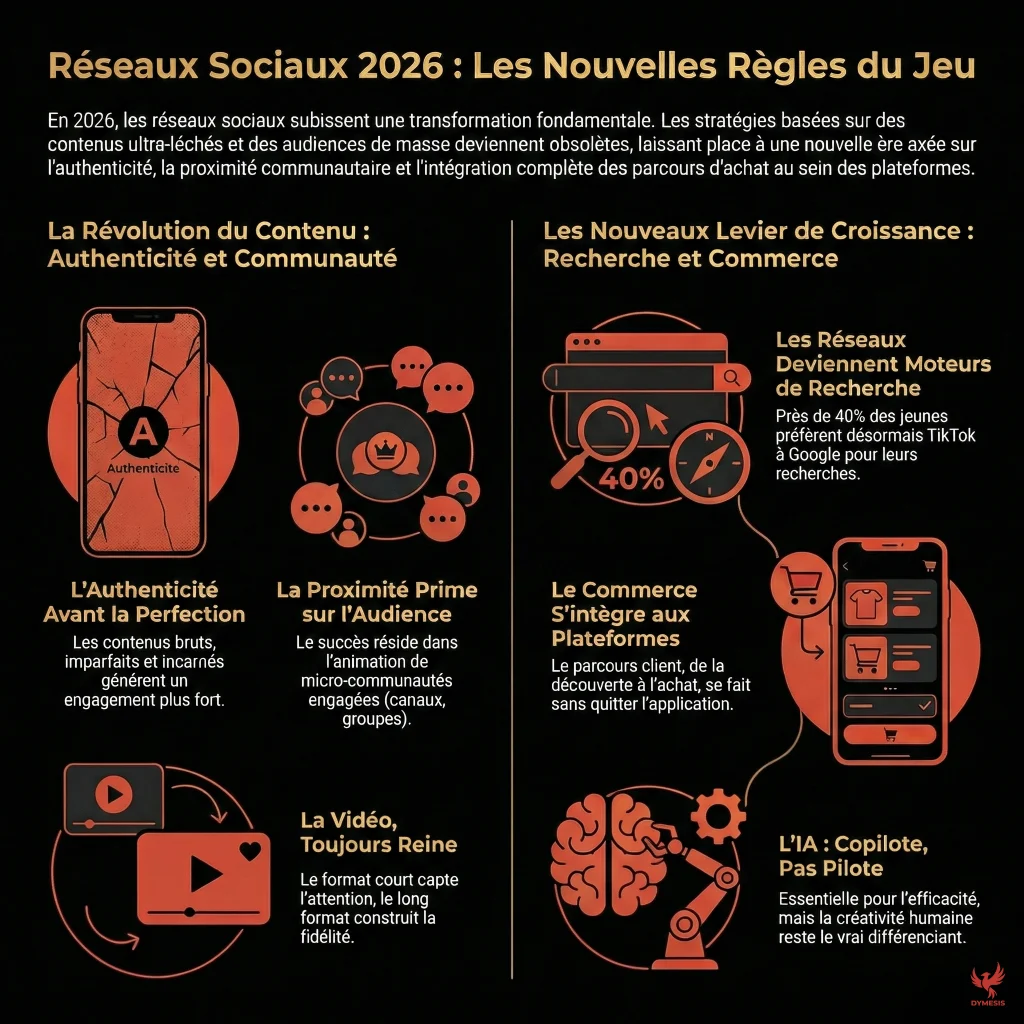 Infographie tendances réseaux sociaux 2026 DYMESIS : Authenticité, Social Search, IA copilote et Social Commerce.