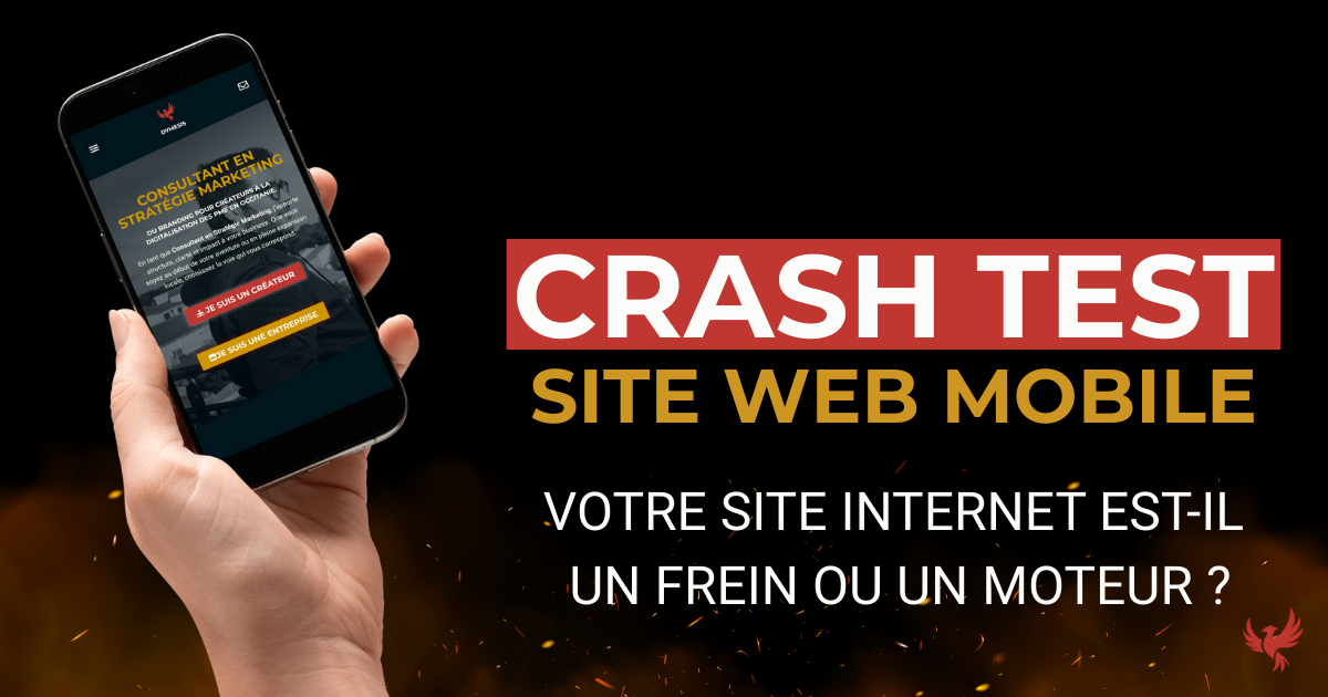 Couverture article : Main tenant un smartphone illustrant un site web mobile lent. Texte : 53% de vos clients vous fuient (Crash Test Mobile First).