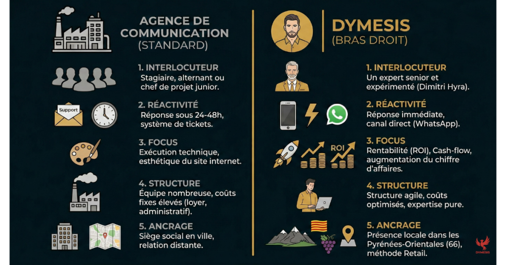 Infographie comparative stratégique détaillée entre une agence de communication à Perpignan et un consultant marketing à Argelès-sur-Mer - Dimitri Hyra DYMESIS
