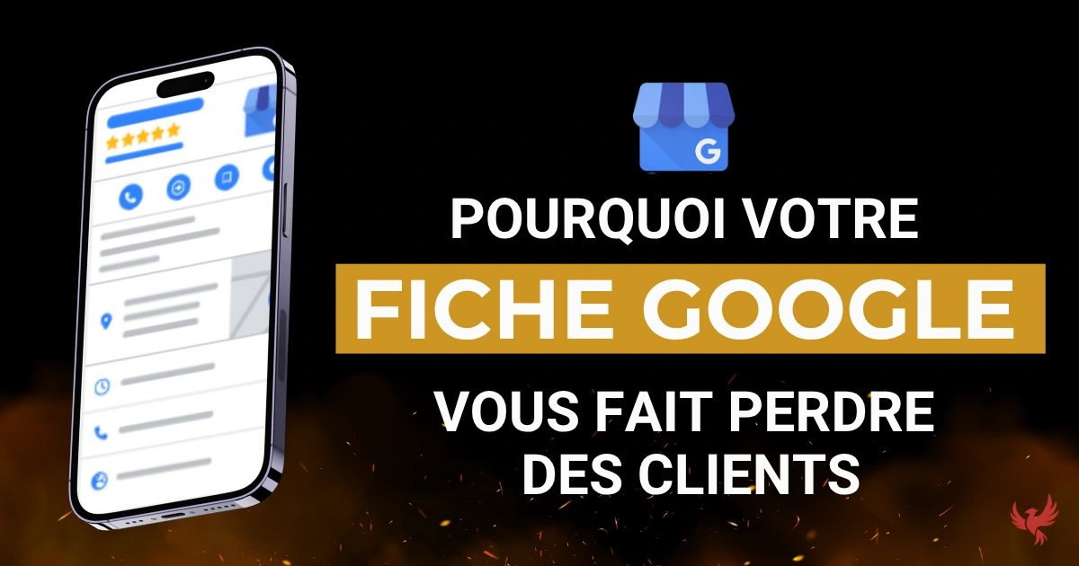 Illustration d'un smartphone affichant une fiche Google Business Profile optimisée avec 5 étoiles. L'accroche souligne l'impact critique de la visibilité locale sur le chiffre d'affaires des commerces et entreprises des Pyrénées-Orientales.