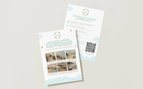 Visuel du flyer de la MAM Les Chérubins valorisant l'espace de 130m² et les services d'accueil, avec appel à l'action via QR code tracké renvoyant vers le site internet.
